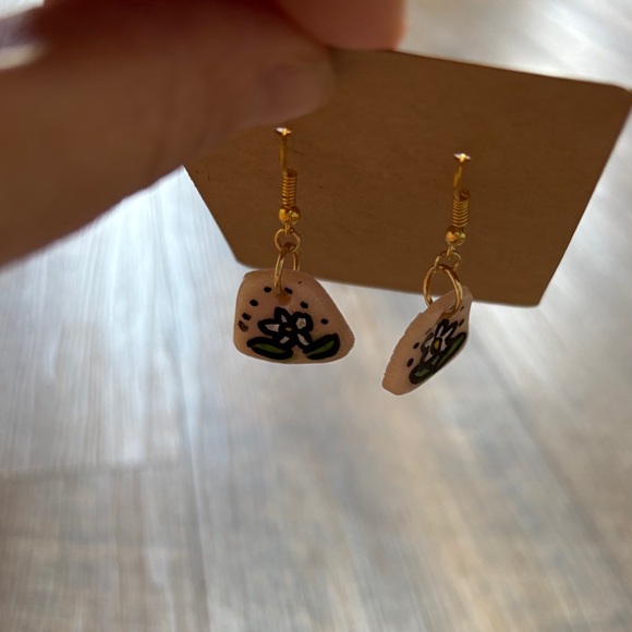 Handmade Polymer Clay Floral Dangle Earrings - Blush Pink & Green - Picture 4 of 5